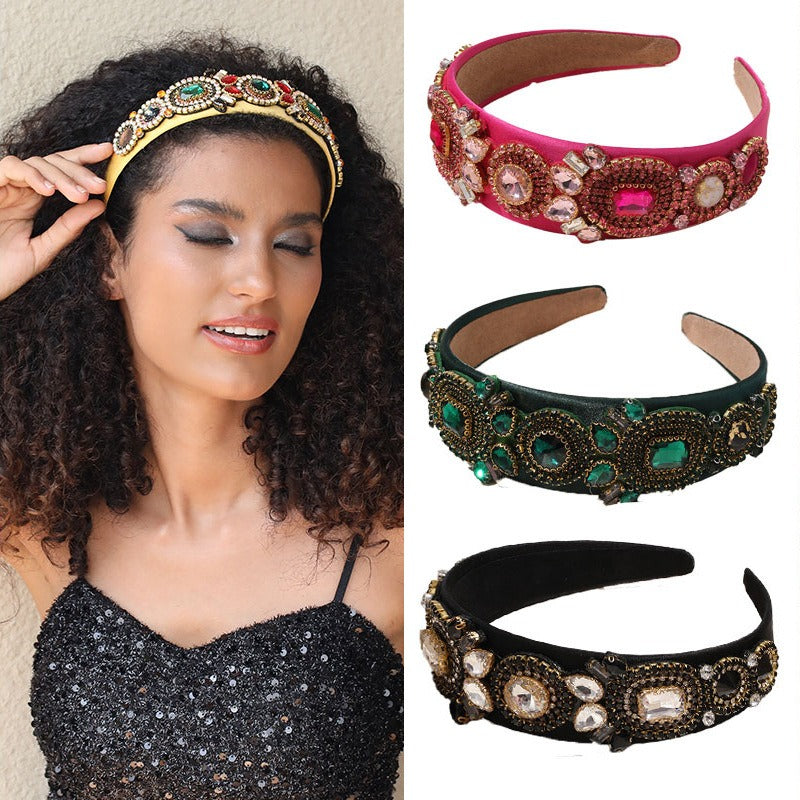 Fashion heavy handmade glass inlaid diamond wide edge sponge full diamond women's headband headwear