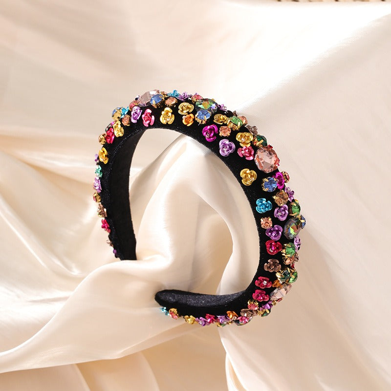 Fashionable metal flower sponge Baroque style colored rhinestone headband hair accessories