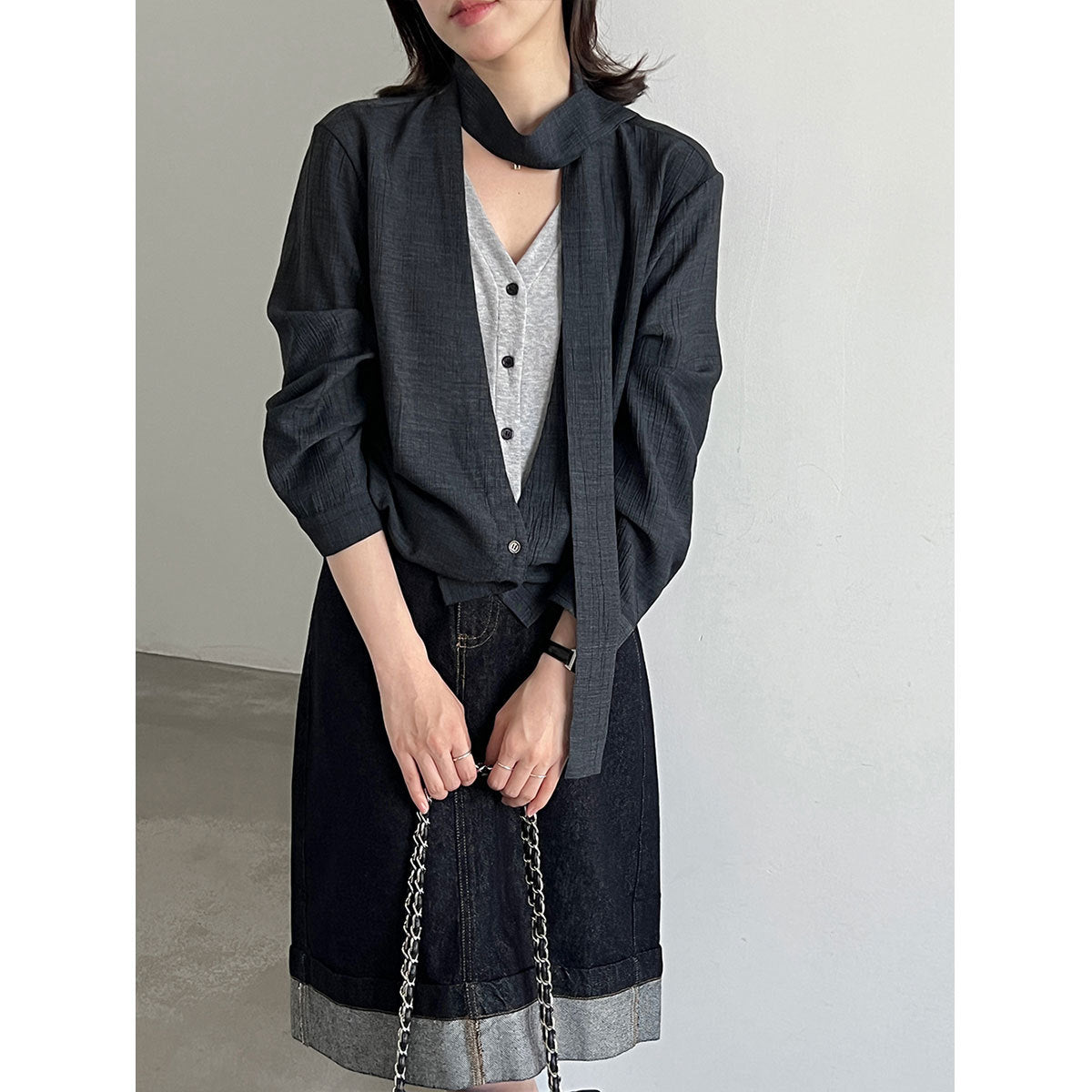 Tie-Neck False Two-Piece V-Neck Blouse for Women  Relaxed Design Ribbon Long Sleeve Top