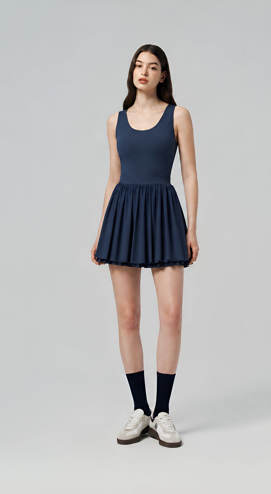 Youthful Sporty Tennis Dress with Pleated Hem, Backless, Fitted Waist, Flared Skirt
