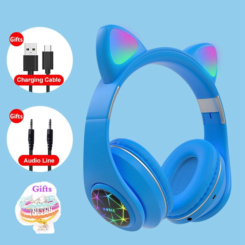 RGB Cat Ear Headphones Bluetooth 5.0 Noise Cancelling Adults Kids girl Headset Support TF Card FM Radio With Mic Gift bracelet