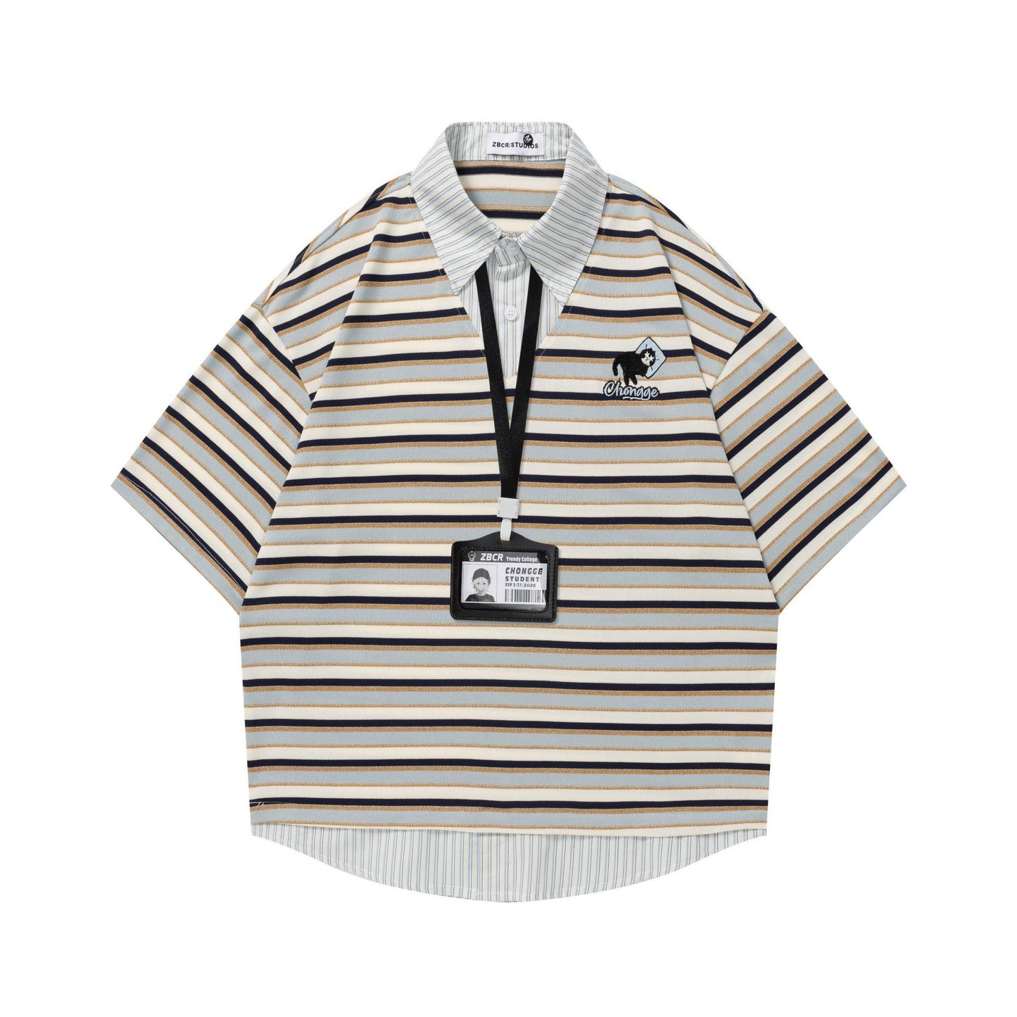 Hanging embroidery horizontal strip short sleeved shirt