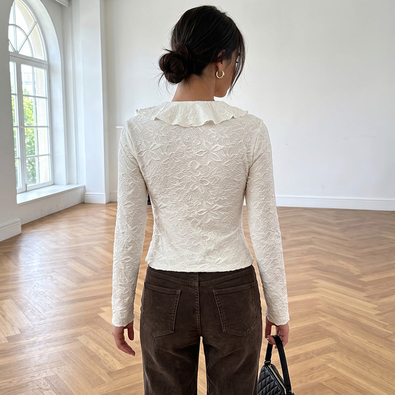 Solid color V-neck mushroom edge slim fit long sleeved slim fit t-shirt
