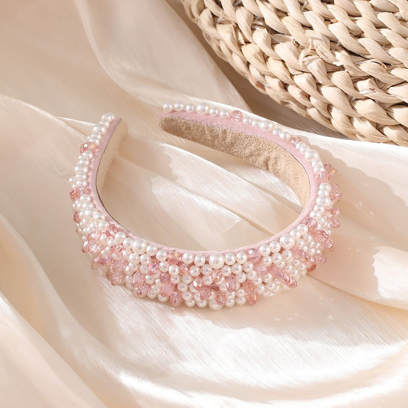 Fashionable pearl hair band for washing face, wide brimmed crystal sponge headband for women