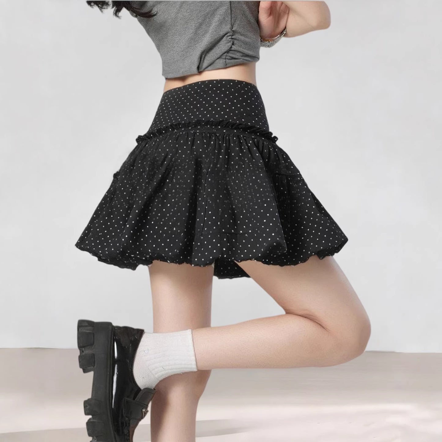 Seasonal Elegant Black Lace Trim Polka Dot Skirt for Women, Petite-Friendly, Side Zipper with Lining