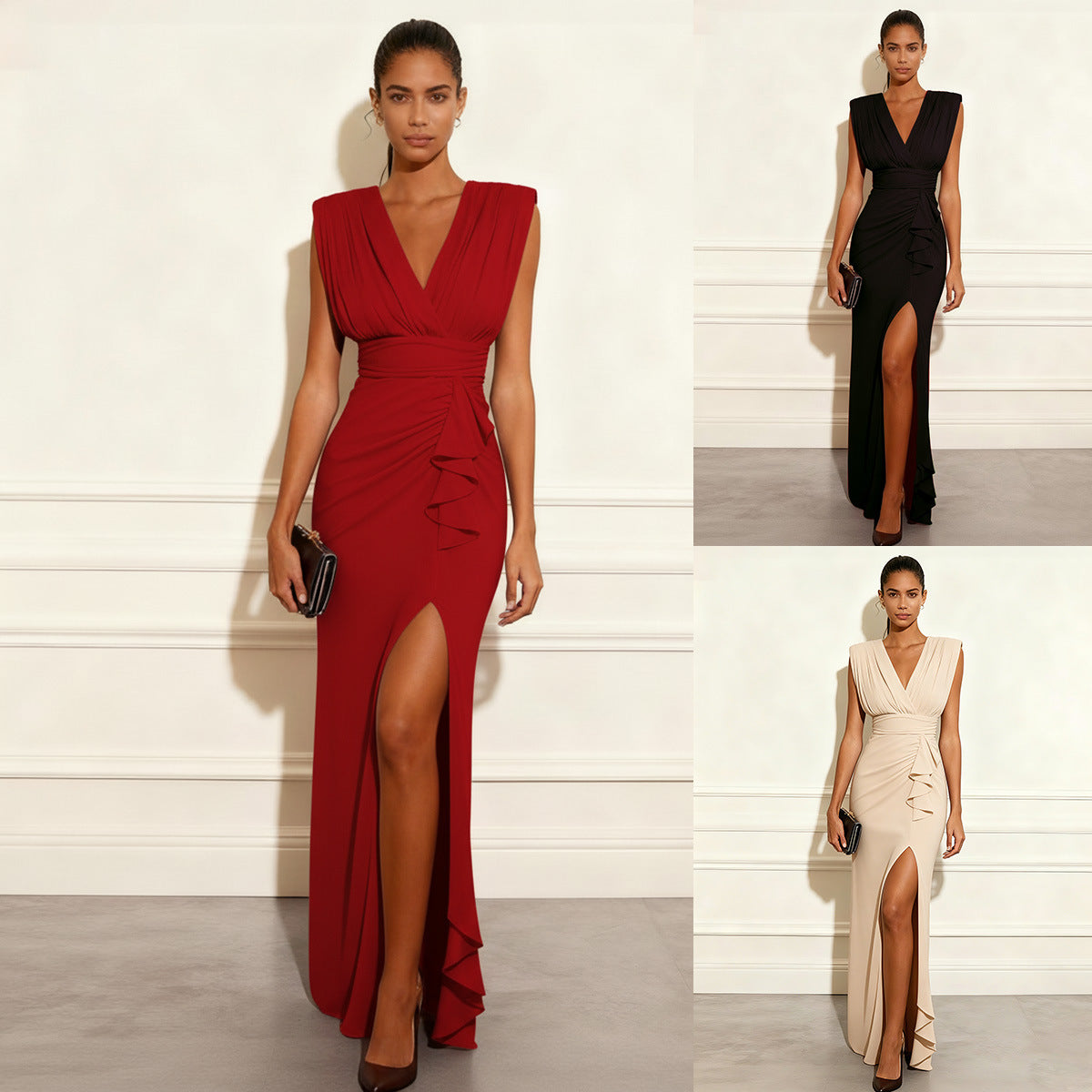 Solid color V-neck sleeveless slit dress