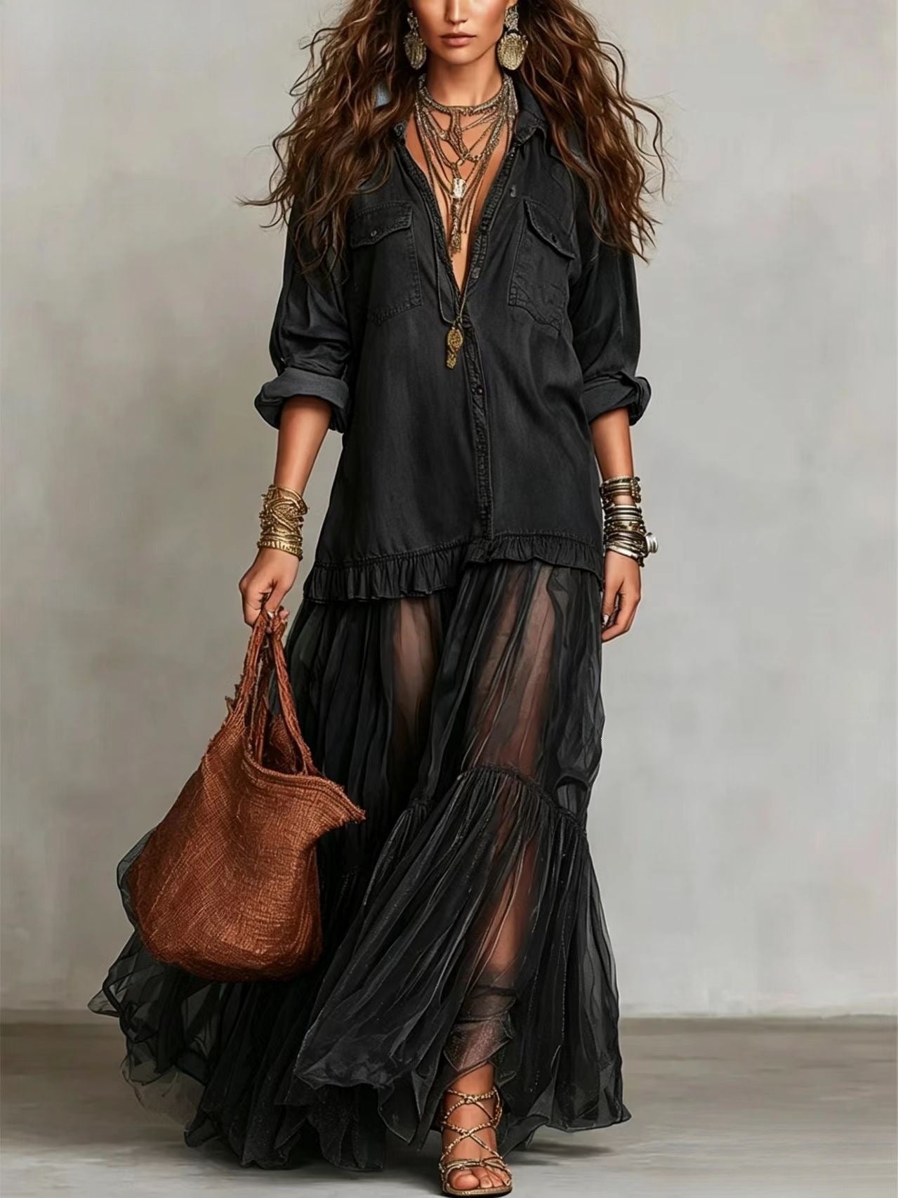 Vintage Denim-like Long Dress Casual Style