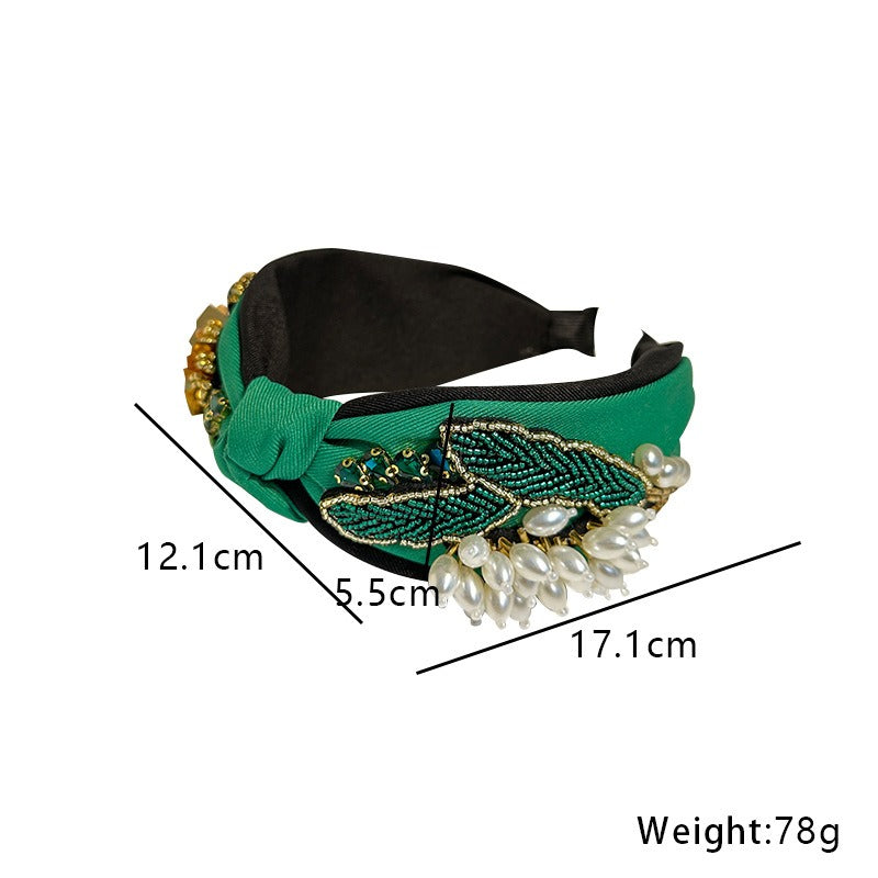 Handmade wide edge knotted fabric flower headband with diamond hair accessories