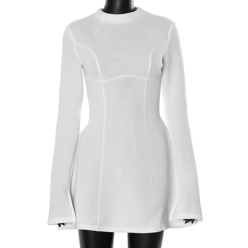Women's solid color round neck long sleeved slim fit waist cinched A-line short skirt