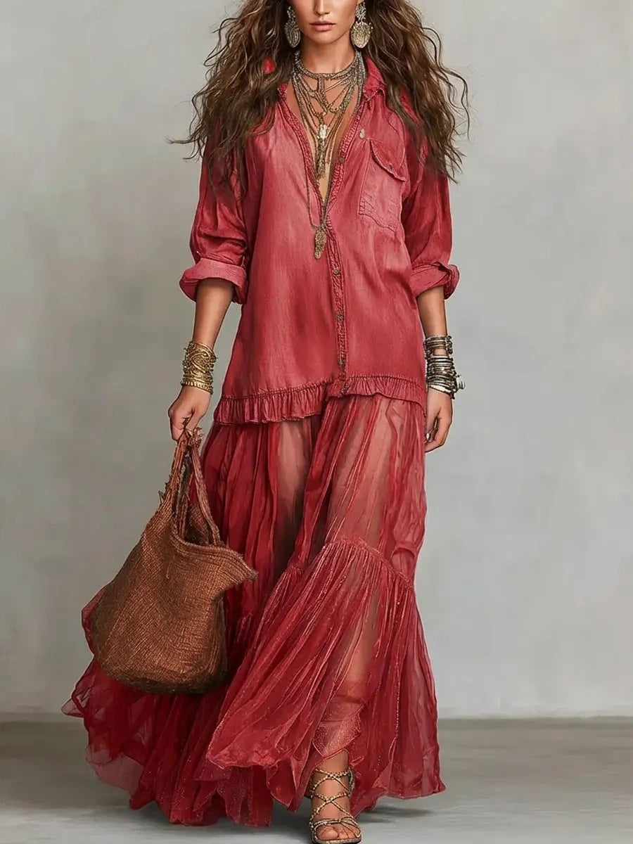 Vintage Denim-like Long Dress Casual Style