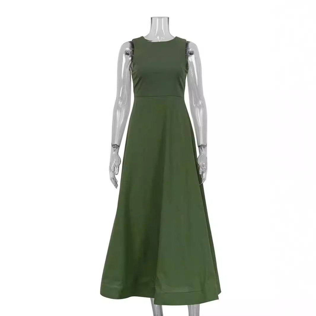 Elegant green women's dress, fashionable round neck sleeveless dress, casual new high waisted A-line mid waist dress for women