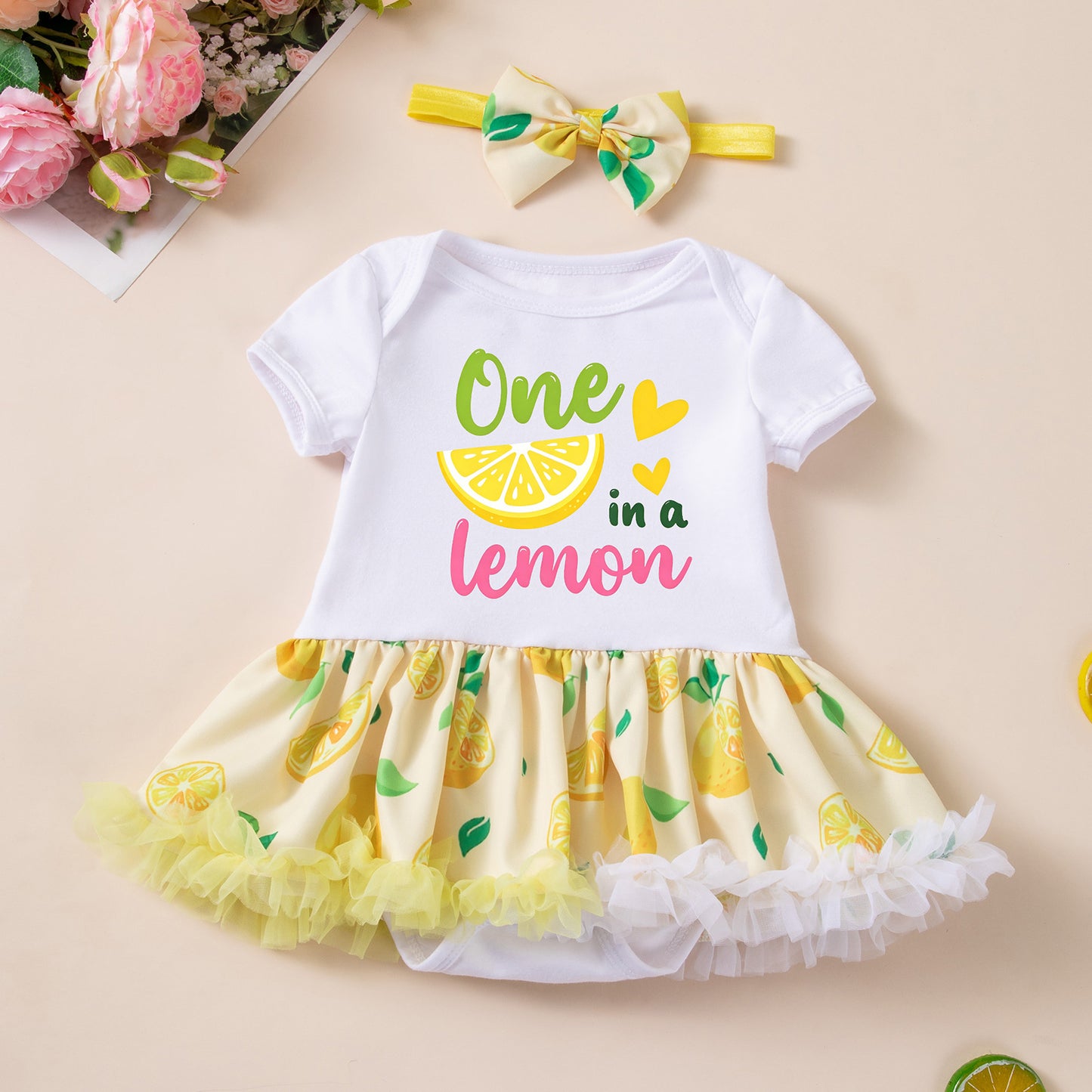 Baby Summer Clothes Girl Lemon Print Princess Dress First Birthday Party Romper Baby Photo Shoot Formal Outfit Set