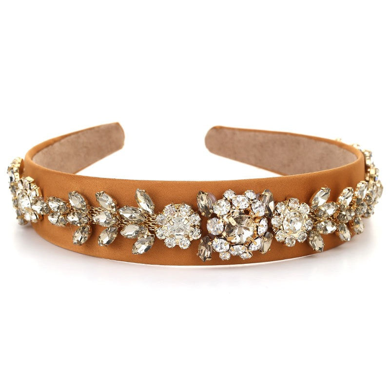 Super Sparkling Baroque Crystal Flower Headband Gold Velvet Retro Headband