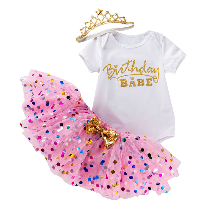 Baby First Birthday Outfit Set - Short Sleeve Romper Hair Accessories 3-Piece Infant Party Costume