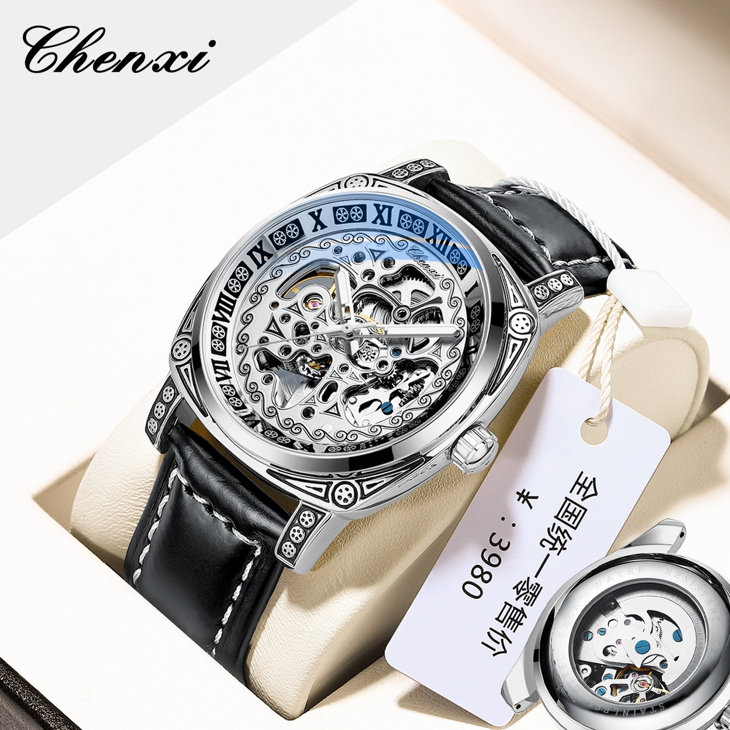 Dress: Vintage Engraved Mechanical Watch Men's Leather Waterproof Hollow-Out Fashion Style Men's Watch