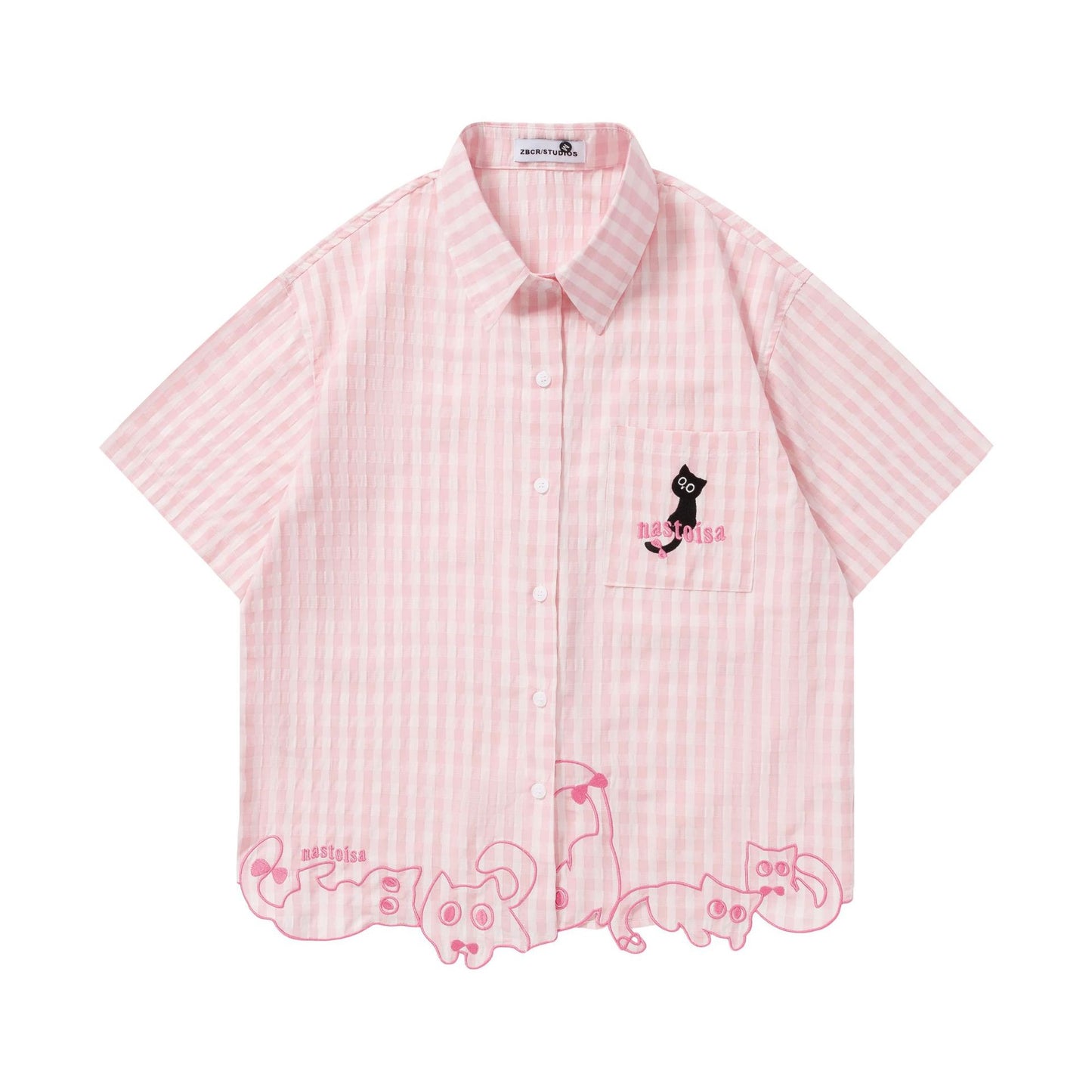 Cartoon cat embroidered short sleeved shirt