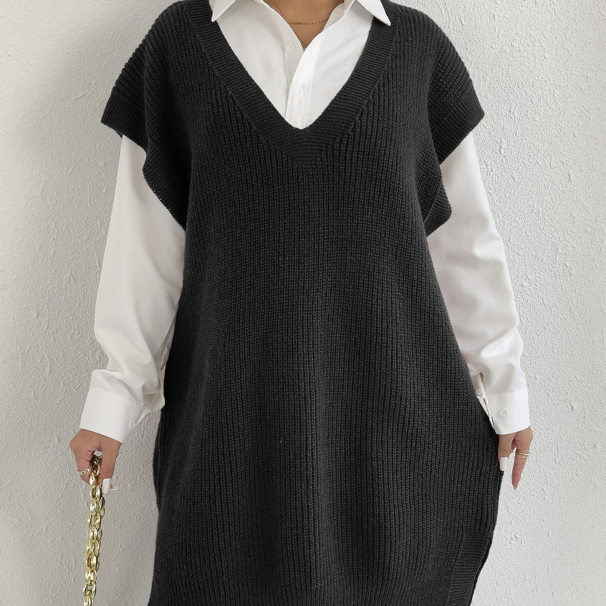 Lady's Open Front Vest, Mid-Length Knit Sweater Vest Dress with Deep V-Neck, Loose Casual Style (Without Belt)