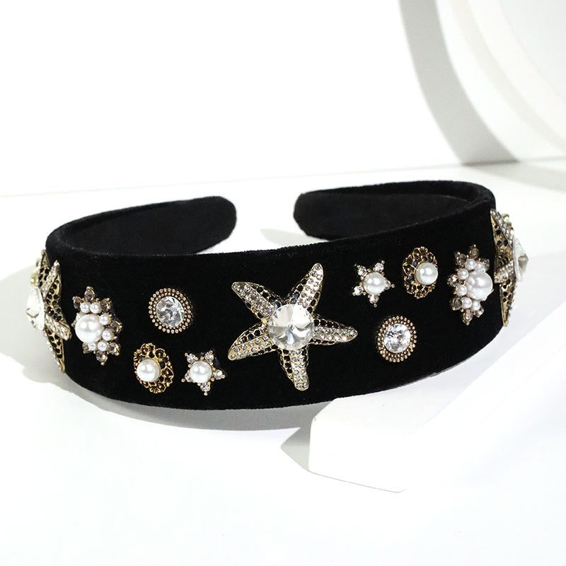 Fashionable wide edge velvet cloth pearl black starfish headband