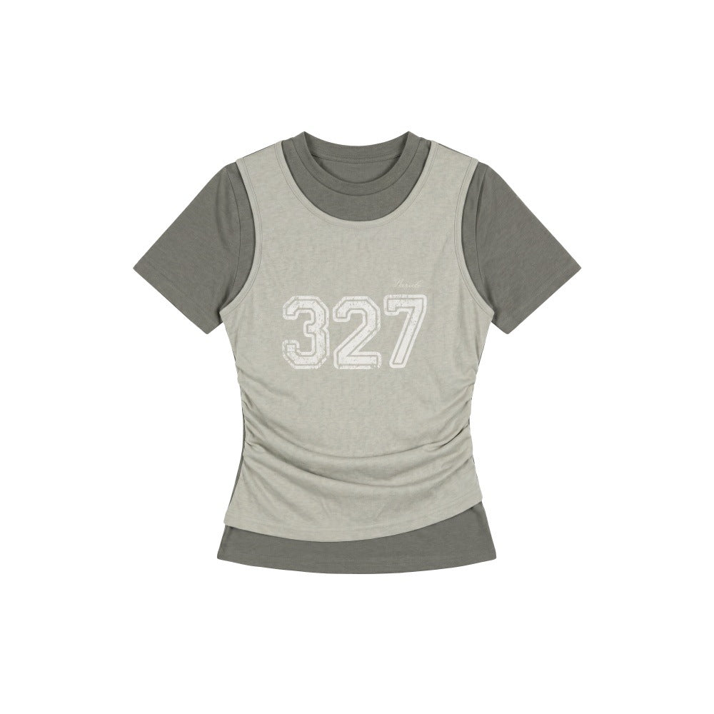 Short Crop Fitted Digital Mock Two-Piece Top Women Streetwear Short Sleeve T-Shirt