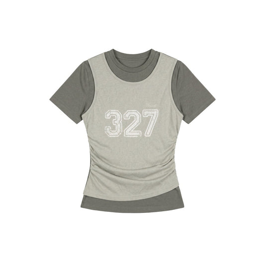 Short Crop Fitted Digital Mock Two-Piece Top Women Streetwear Short Sleeve T-Shirt