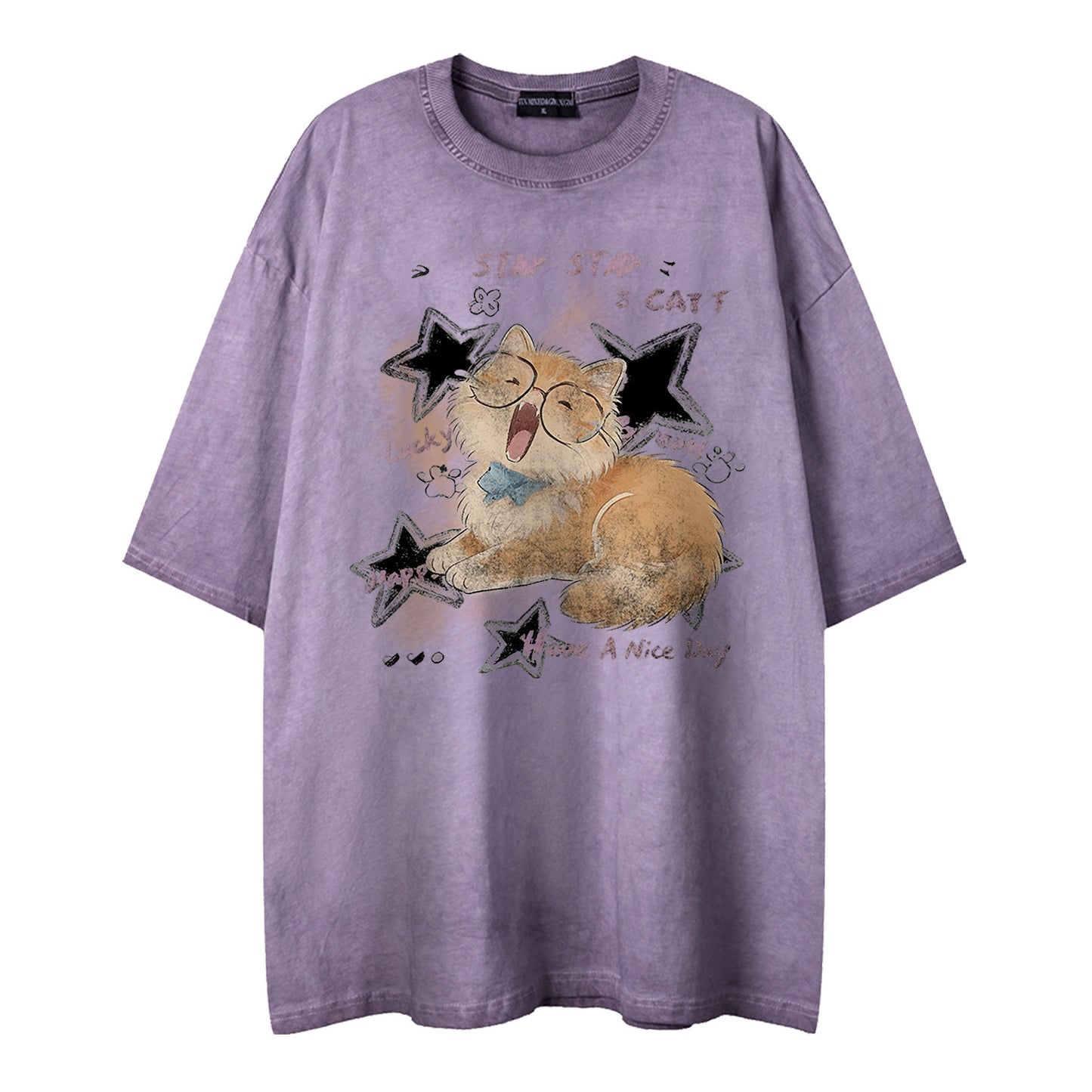 Soft and cute orange cat printed short sleeved shirt