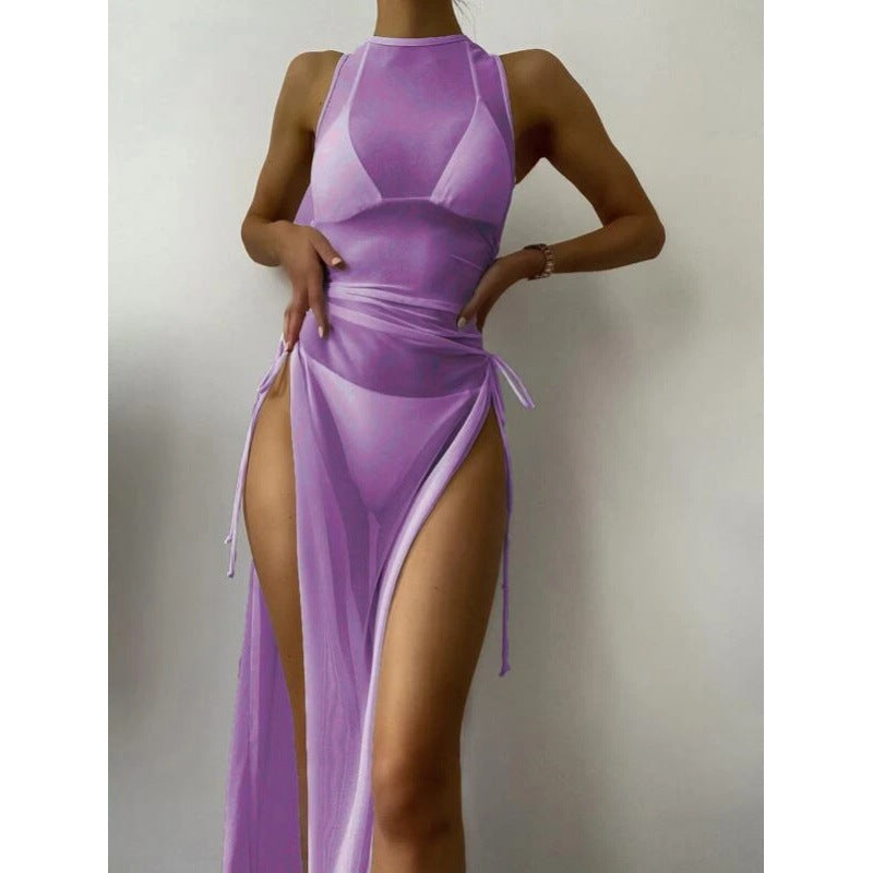 Bikini Swimwear Set, Solid Color Long Dress, Sexy Three-Piece Separated Swimsuit for Women