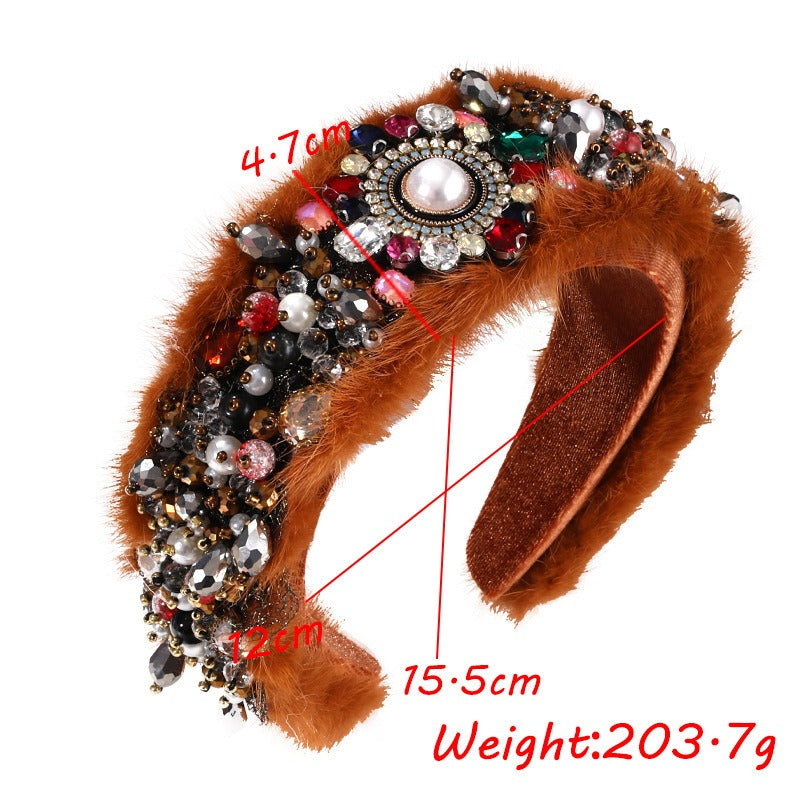 Fashionable mink velvet handmade pearl crystal thickened hair hoop