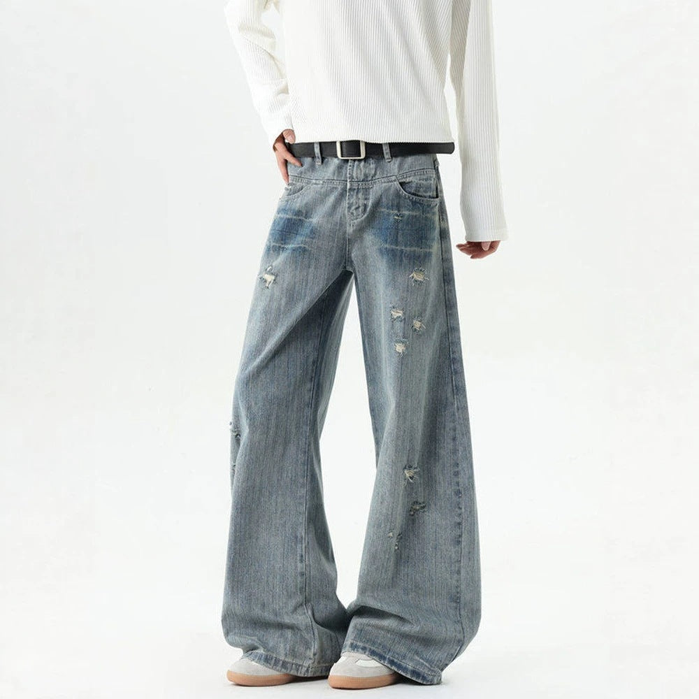 Bamboo Texture Distressed Washed Straight Leg Oversized Tapered Jeans