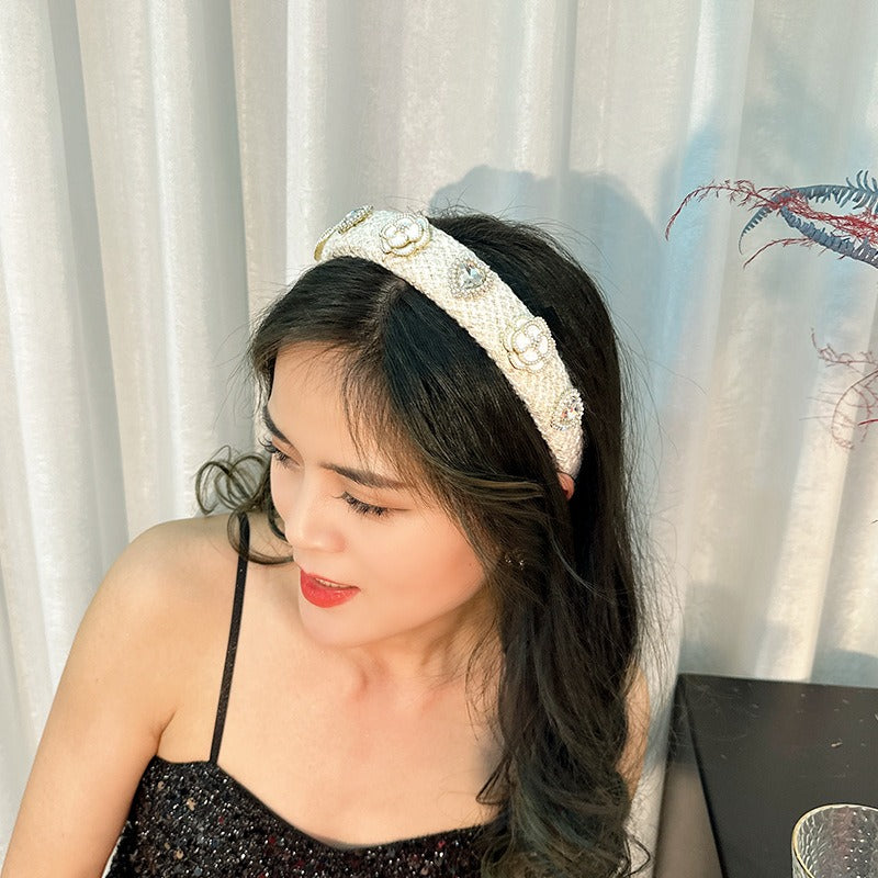 Fashionable Fabric Love Flower Pearl Super Sparkling Diamond Set Hair Hoop