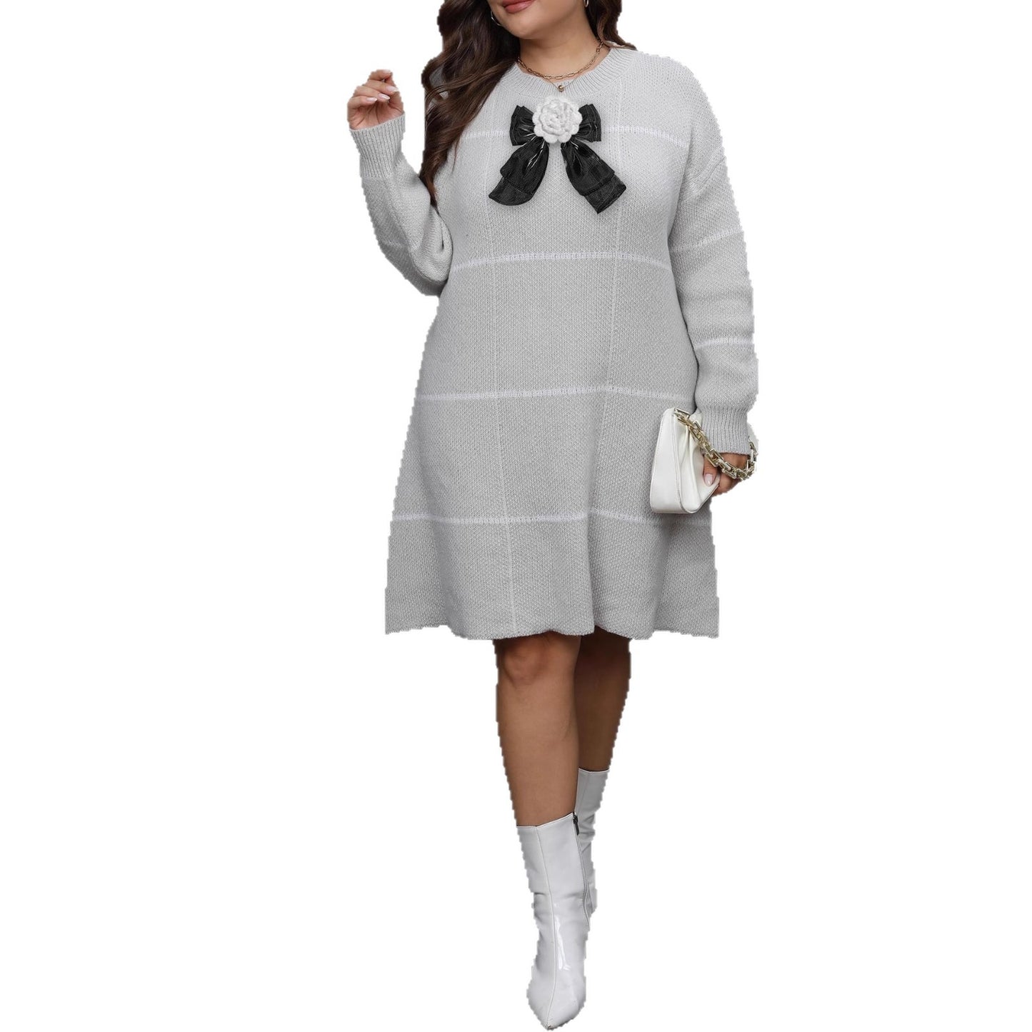 Woven Knit Dress Women's Plus Size Striped Color Block Bow Lace-Up Crochet Detail Dress