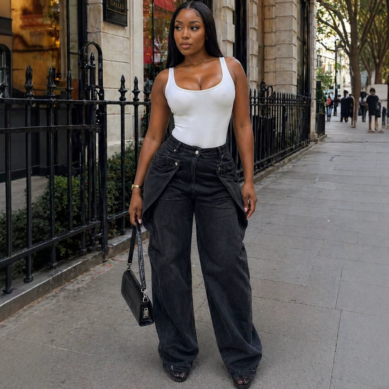 Women's Casual Denim Pants Street Fashion Asymmetrical Button Design Straight Leg