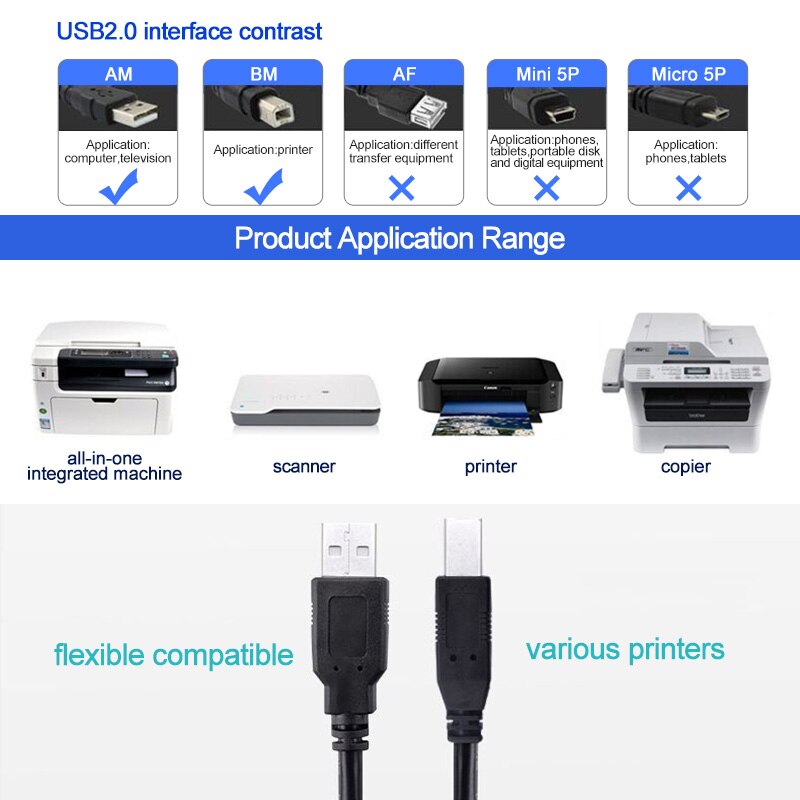 PHOMAX  USB 2.0 Print Cable USB Type A to B Male to Male Printer Cable  For Canon Epson HP ZJiang Label Printer DAC USB Printer