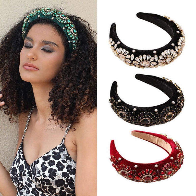 Baroque colored rhinestone headband with retro sponge wide edge headband