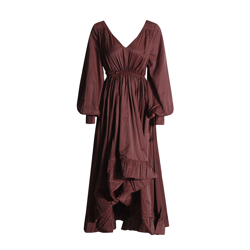 Fashionable and elegant style, deep V-neck lantern sleeves, pleated lotus leaf edge length dress for women