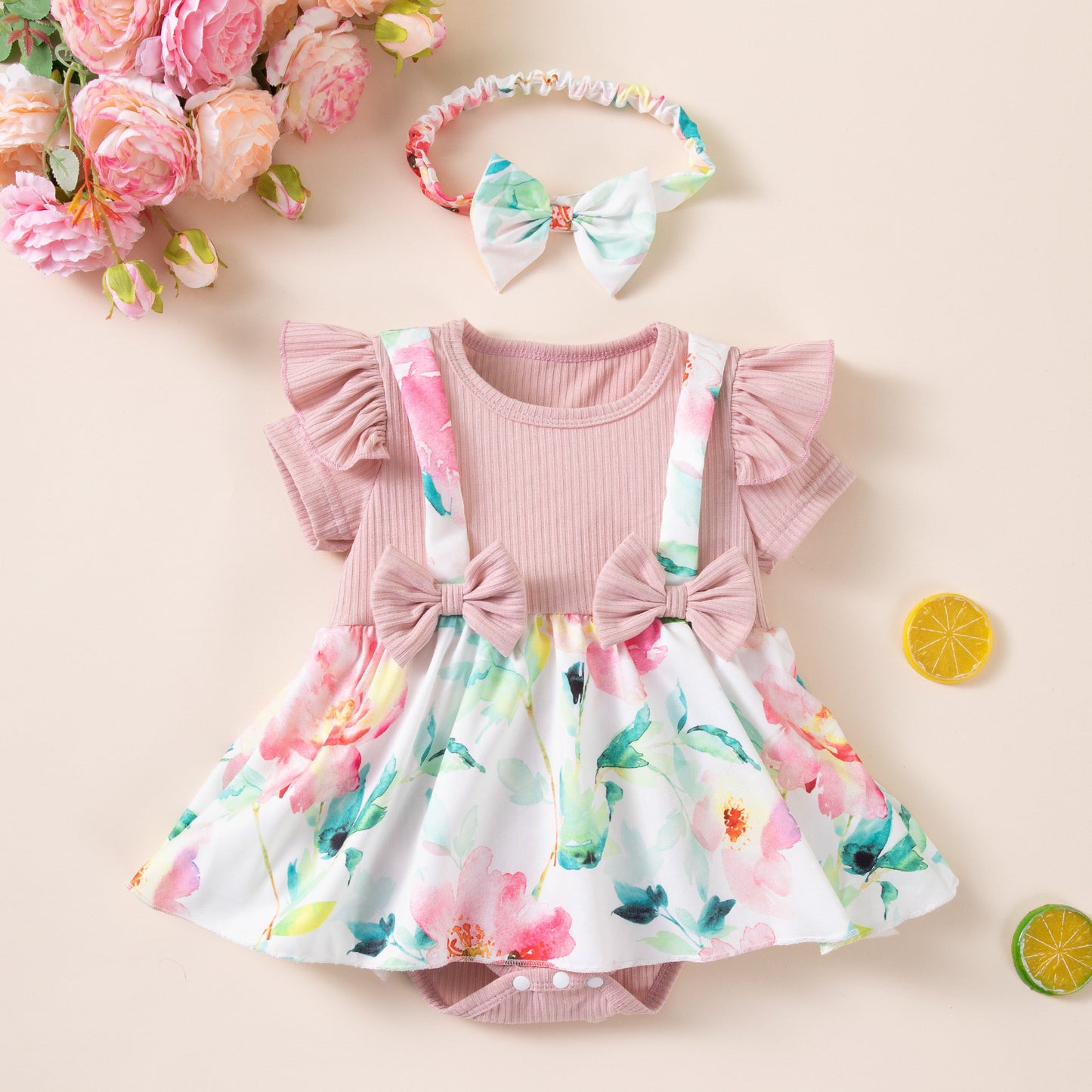 Baby Summer Outfit Girl Leopard Print Spliced Romper Dress with Bow Hairband Two-Piece Set Baby First Birthday Photo Princess Costume