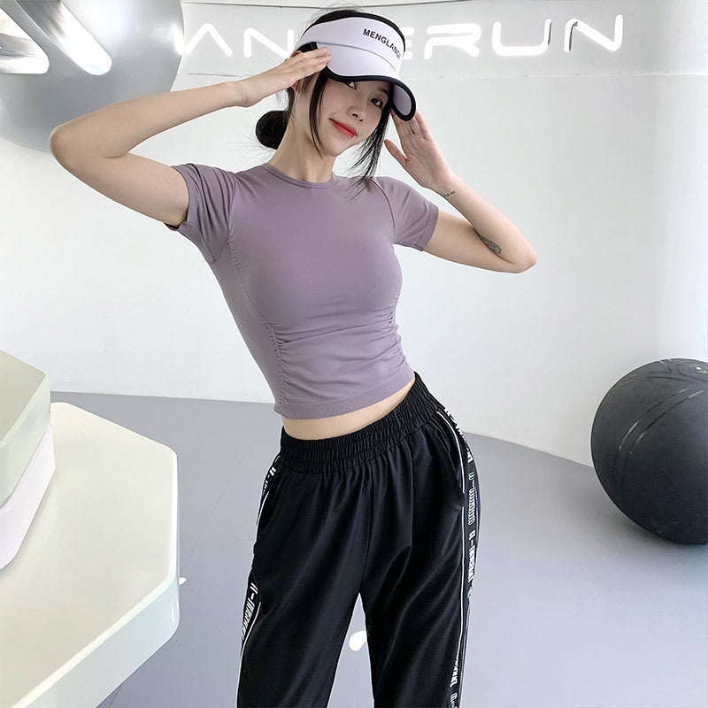 Sporty Women's Quick-Dry Short Sleeve T-Shirt Round Neck Casual Pleated Fitness Top