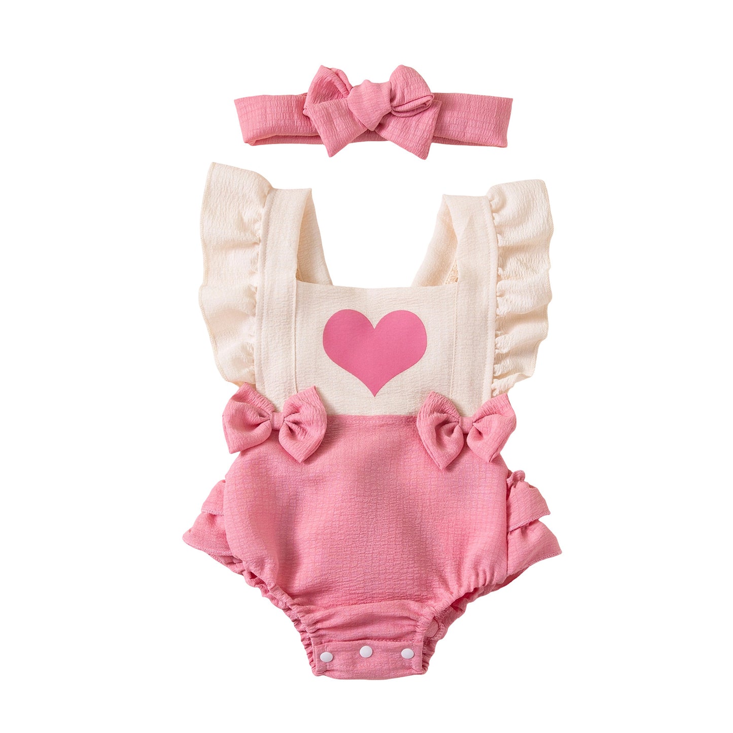 Baby Heart Bow Flutter Sleeve Romper for Girls, Summer Back Crossed Snap Onesie, Children's Clothing