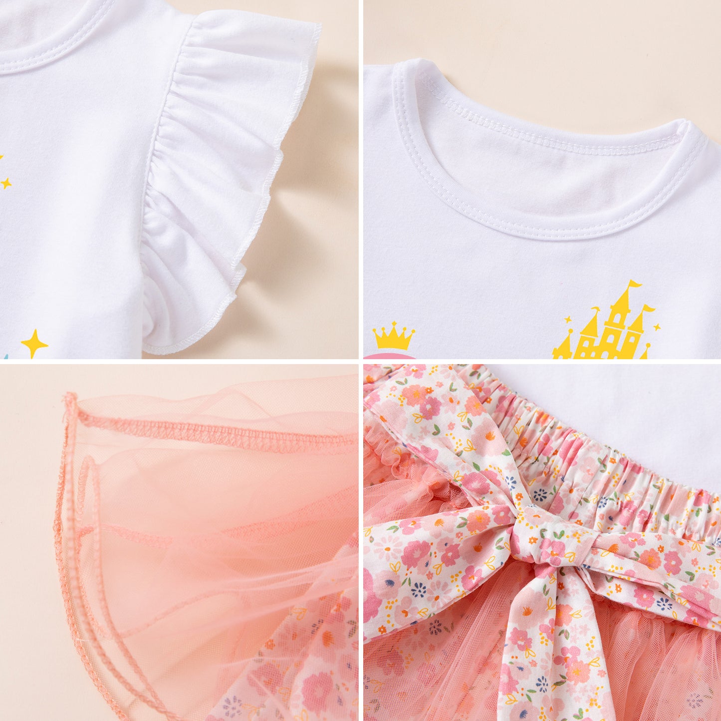 Girls Summer Princess Print Flutter Sleeve T-Shirt and Mesh Skirt Set, Baby Festival Party Outfit Two-Piece Set