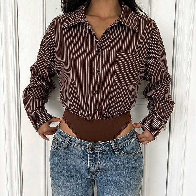 Collar striped long sleeved shirt patchwork jumpsuit