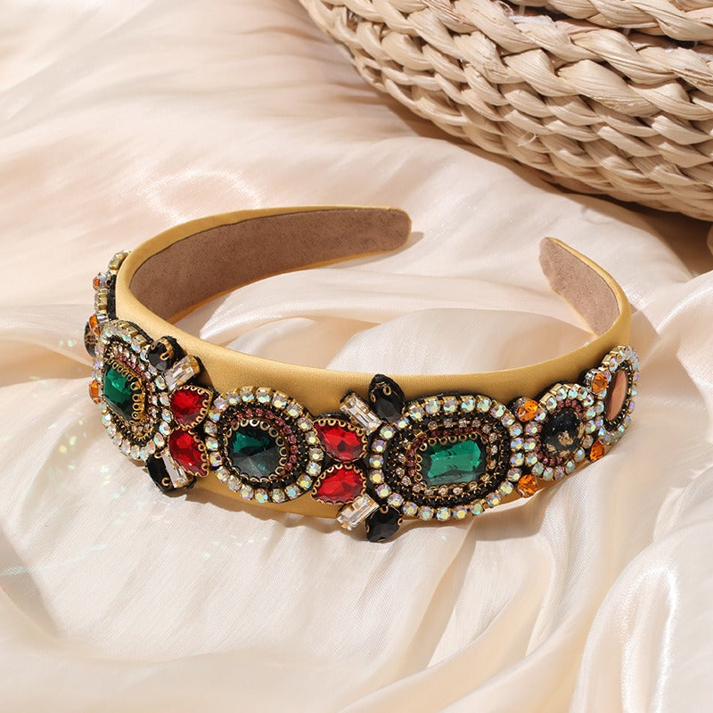 Fashion heavy handmade glass inlaid diamond wide edge sponge full diamond women's headband headwear