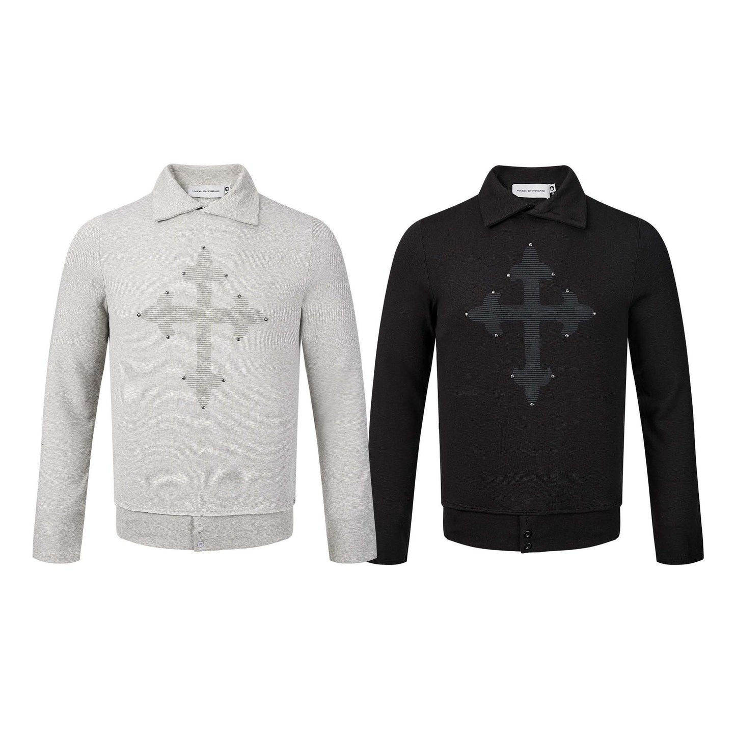Casual Vintage Streetwear Dark Print Long Sleeve Turn-down Collar Rhinestone T-Shirt