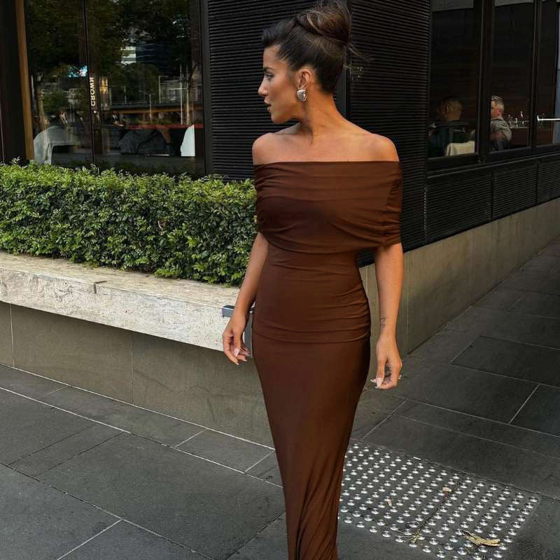 European and American style spring and summer women's clothing new one shoulder exposed backpack buttocks sexy long skirt dress