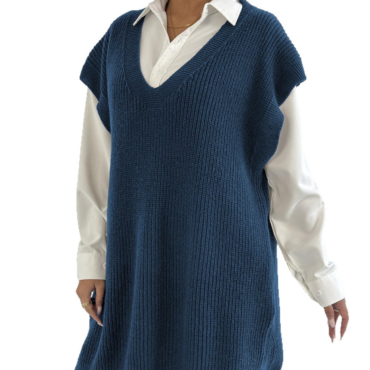Lady's Open Front Vest, Mid-Length Knit Sweater Vest Dress with Deep V-Neck, Loose Casual Style (Without Belt)