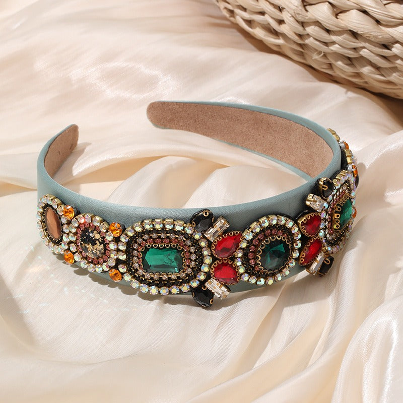 Fashion heavy handmade glass inlaid diamond wide edge sponge full diamond women's headband headwear