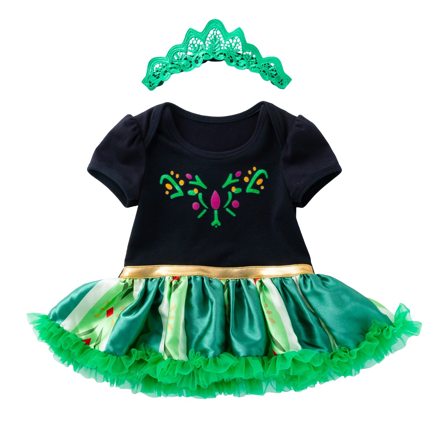 Spring Summer New Baby Frozen Short Sleeve Romper Dress with Crown Headwear 2-Piece Set Infant Clothes