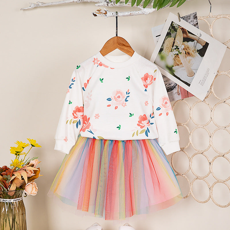 Cute Printed Long Sleeve Hoodie and Skirt Set for GirlsSpring and Autumn Fashion