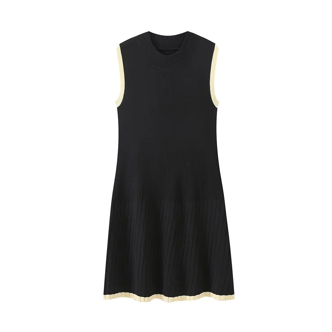 Knitted mini dress fashionable round neck pleated A-line dress