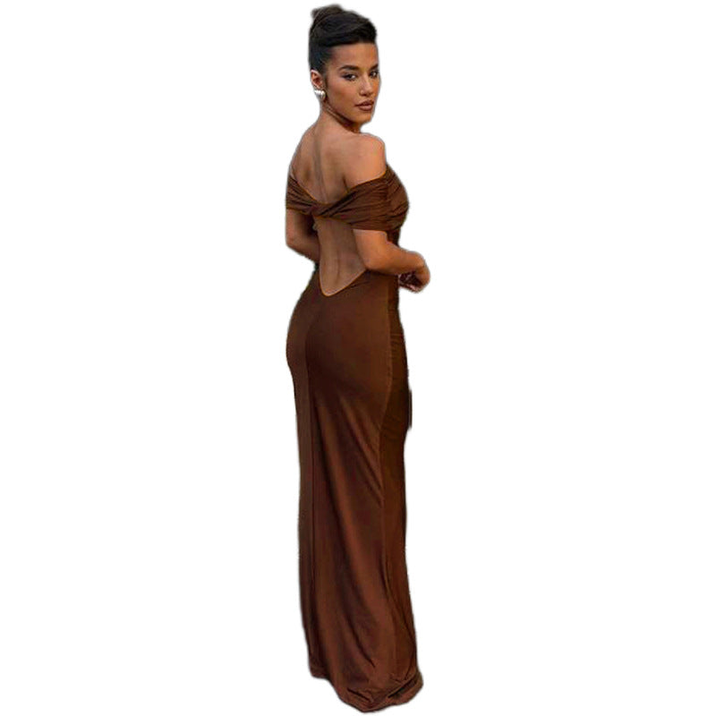 European and American style spring and summer women's clothing new one shoulder exposed backpack buttocks sexy long skirt dress