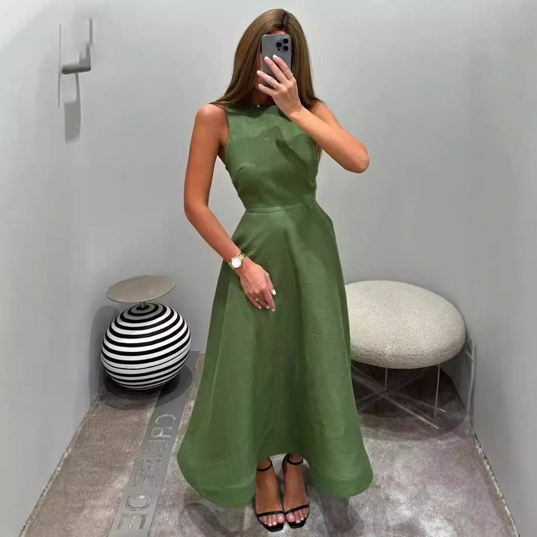 Elegant green women's dress, fashionable round neck sleeveless dress, casual new high waisted A-line mid waist dress for women