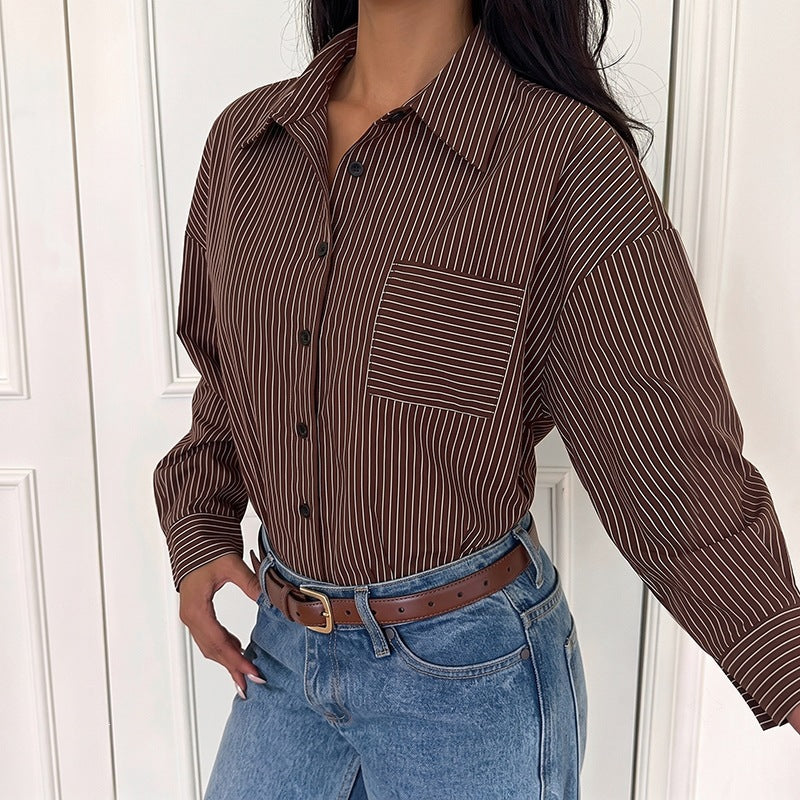 Collar striped long sleeved shirt patchwork jumpsuit